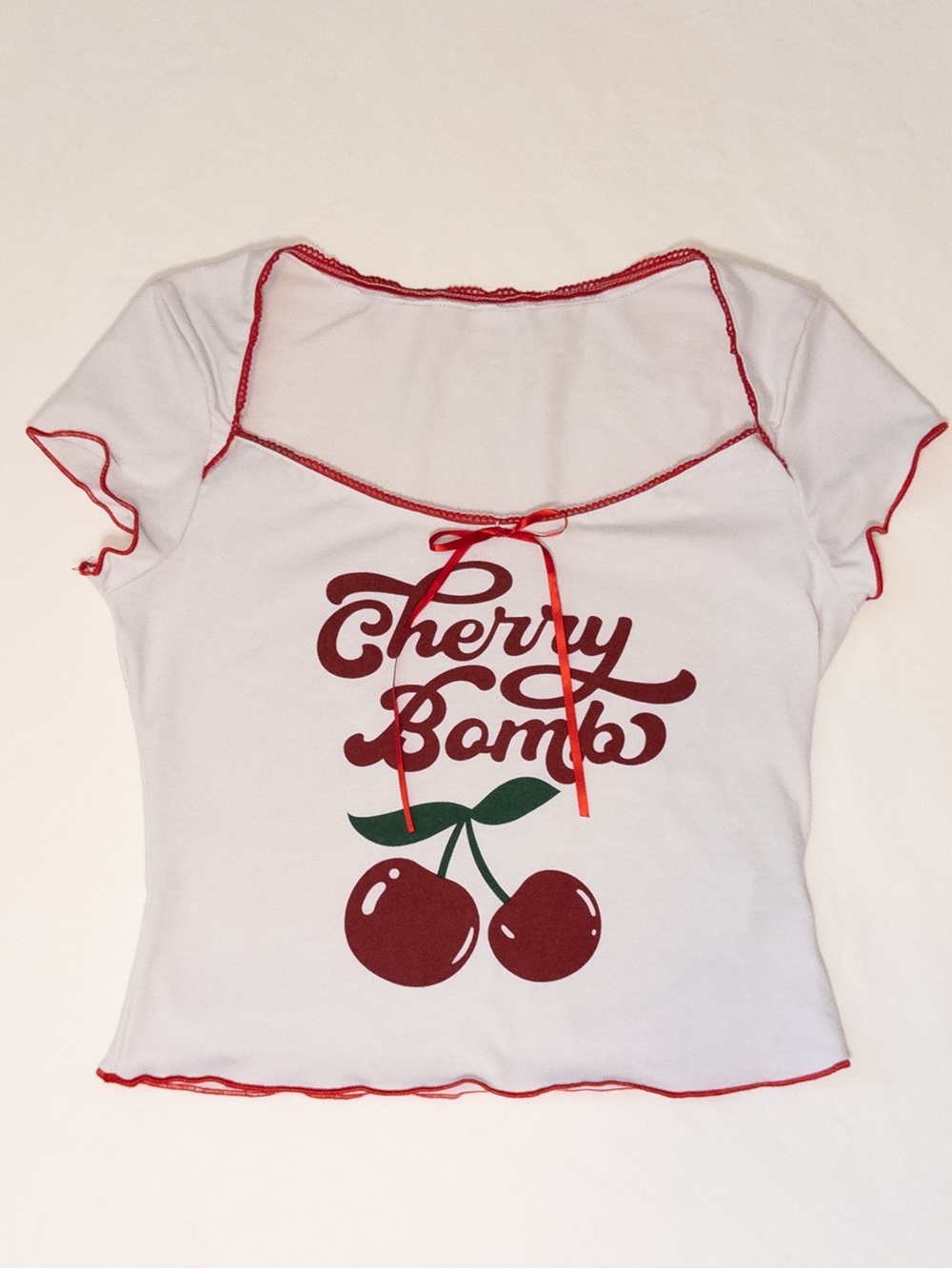 Cherry Bomb Graphic Baby Tee White Red Trim Y2K Coquette Cherry Girl